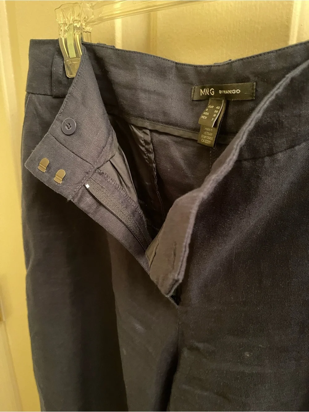 Mango 100% Linen Dressy Wide-Leg Pants in Navy Blue for Work or Special Occasion